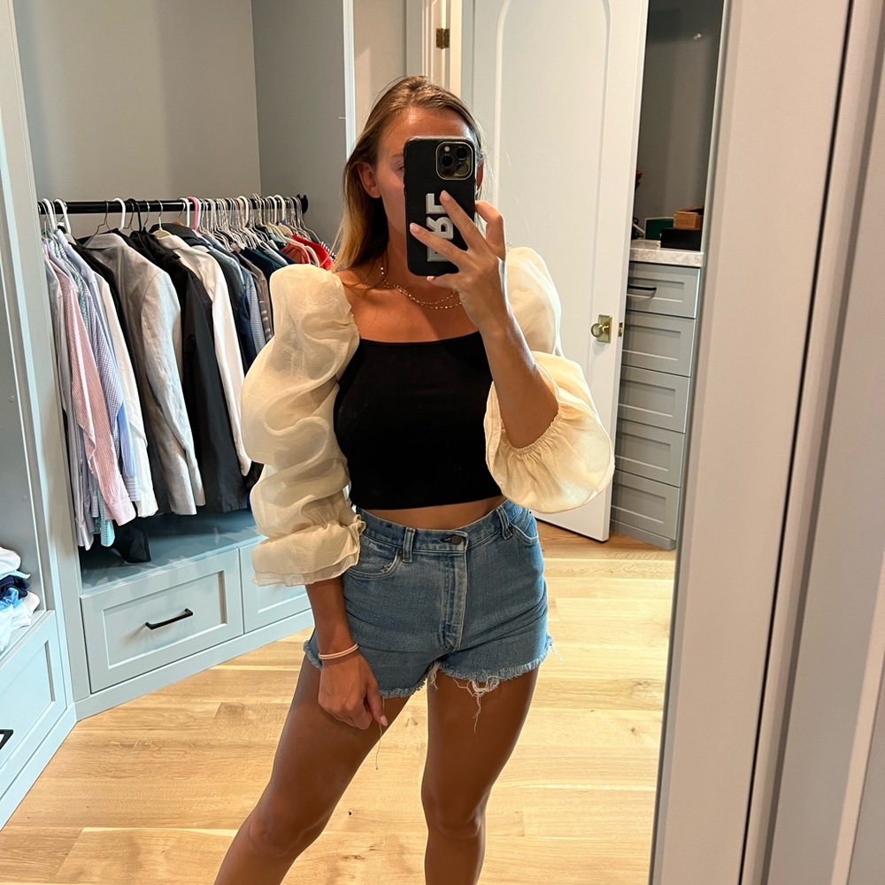 Vestique black crop top with cream puff sleeve